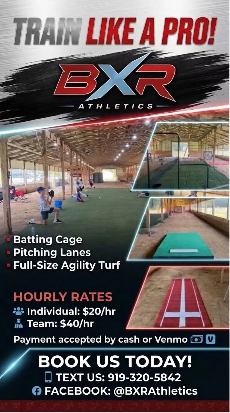 BXR Athletics flyer showing facility features and hourly rates