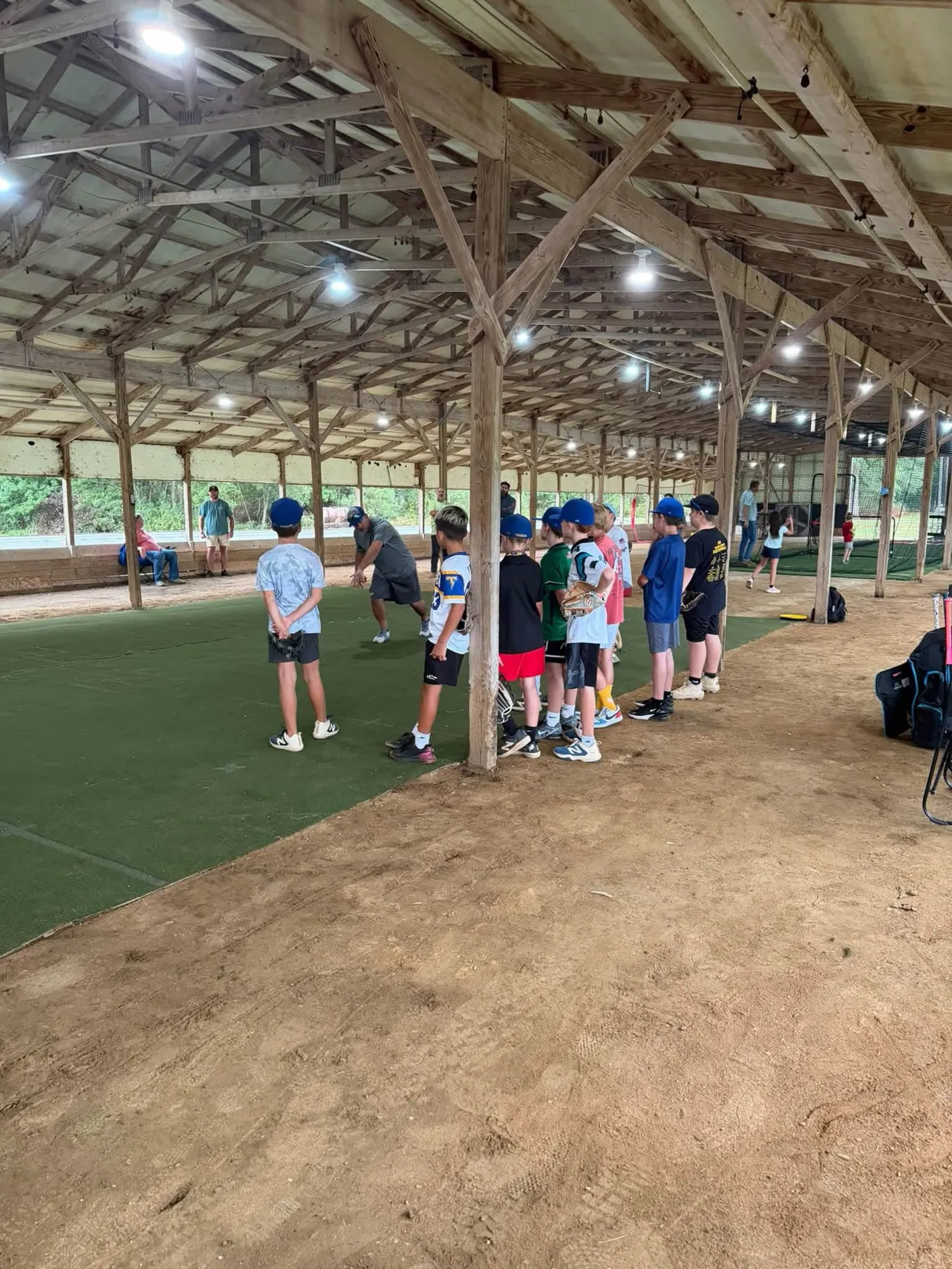 Youth players gathered on the turf during a team session